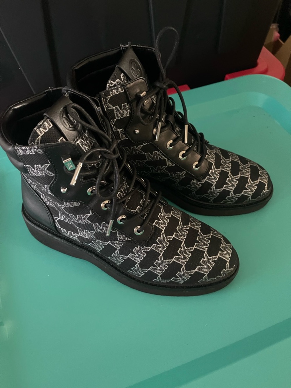 Michael Kors Black and White MK Logo Lace-Up Combat Boots